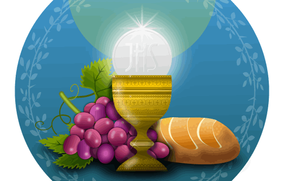 This image displays a cartoonized picture of a Communion chalice, bread, grades, and the Host.